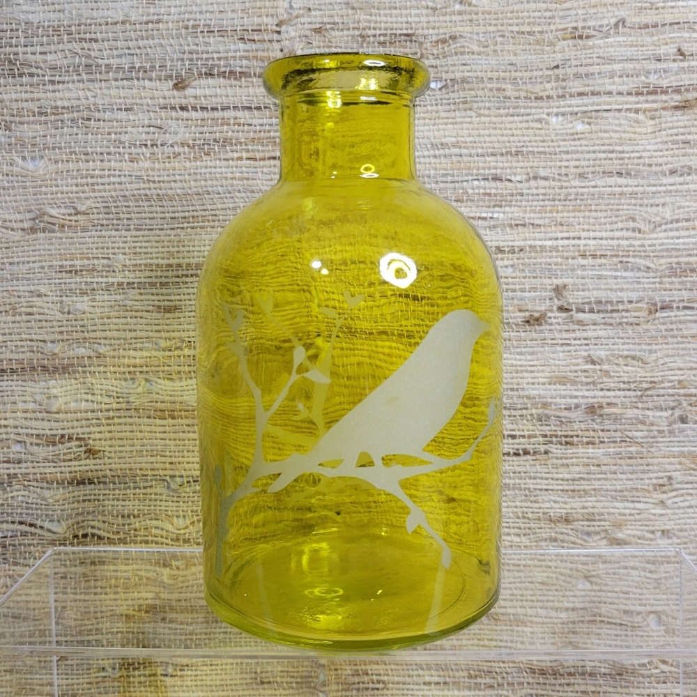 Vtg Vidrios San Miguel Vase Yellow Cylinder Frosted Bird Spanish Art Glass